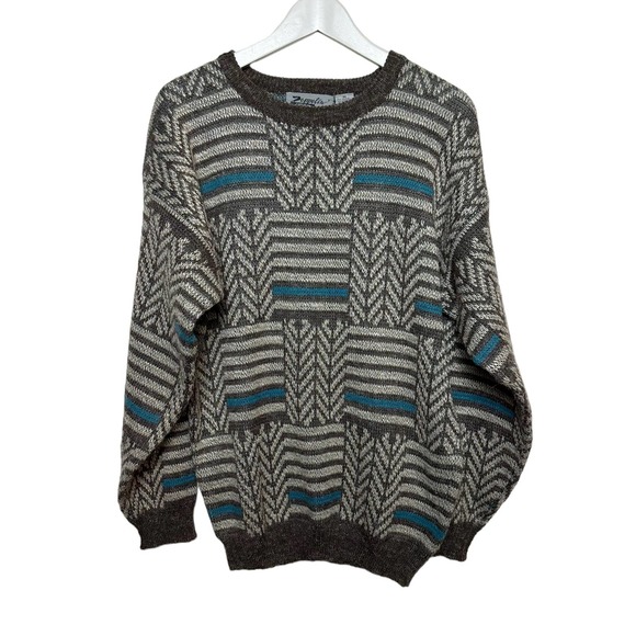 Vintage Other - Vintage 90s Zeppelin Chunky Knit Grandpa Sweater Geometric Gray Blue Medium